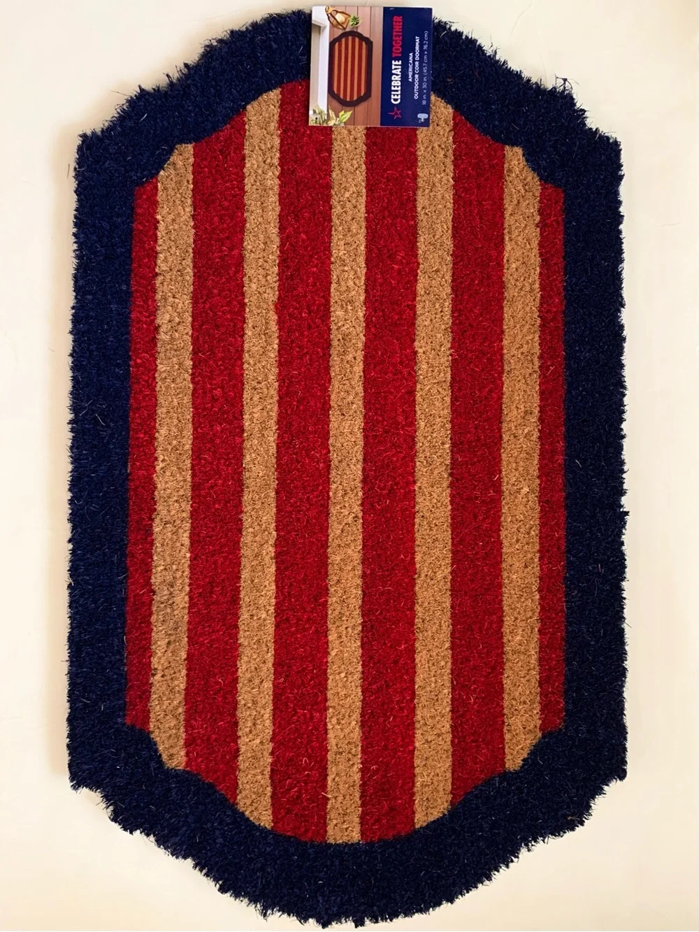 Outdoor doormat red stripe navy trim